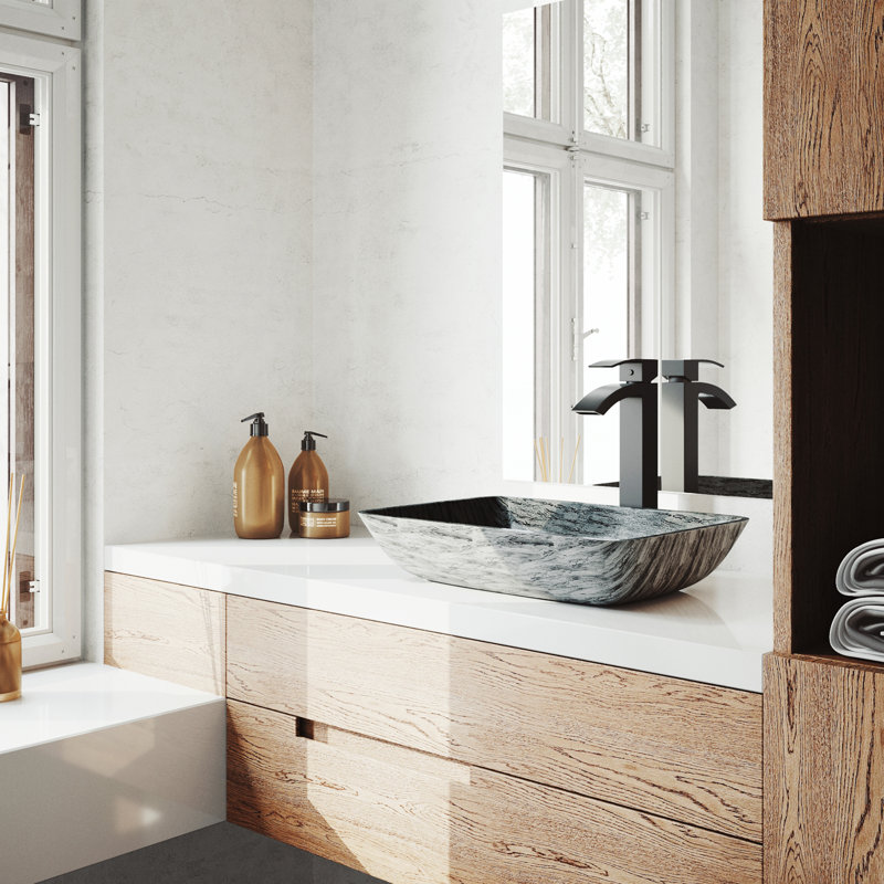 Donatello Sottile  18" L x 13" W x 4" H Rectangular Glass Vessel Bathroom Sink with 12" H Faucet, Matte Black, Slate Grey