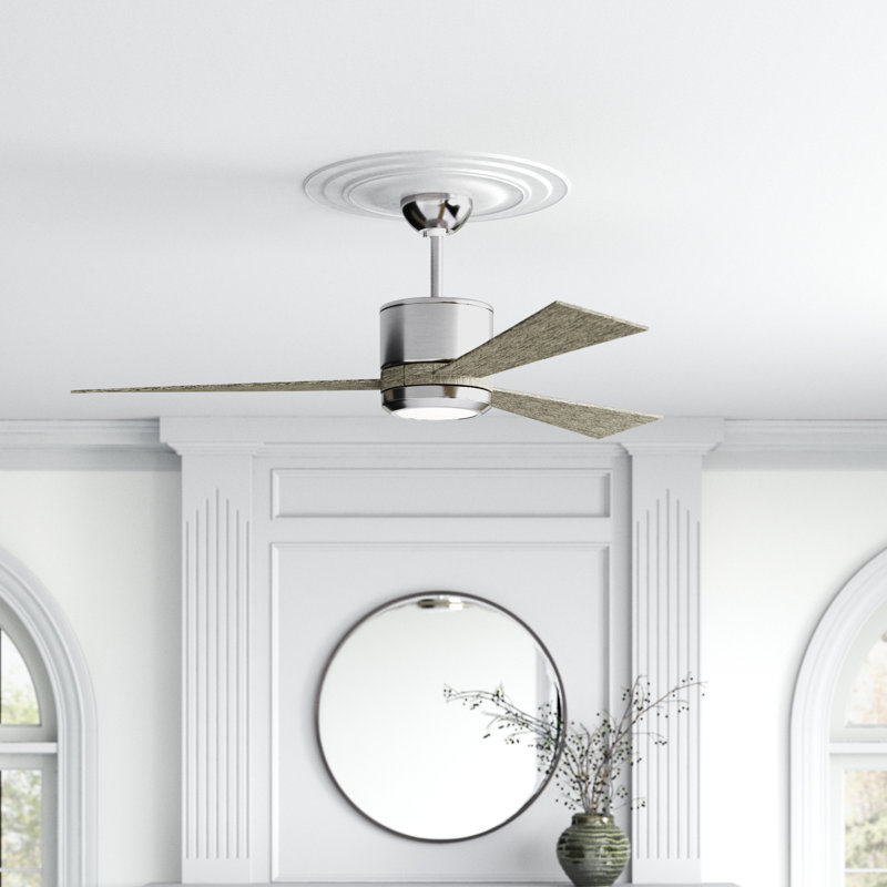 Tulsi Ceiling Fan with LED Lights, Brushed Steel/Light Gray Weathered Oak Blades, 56