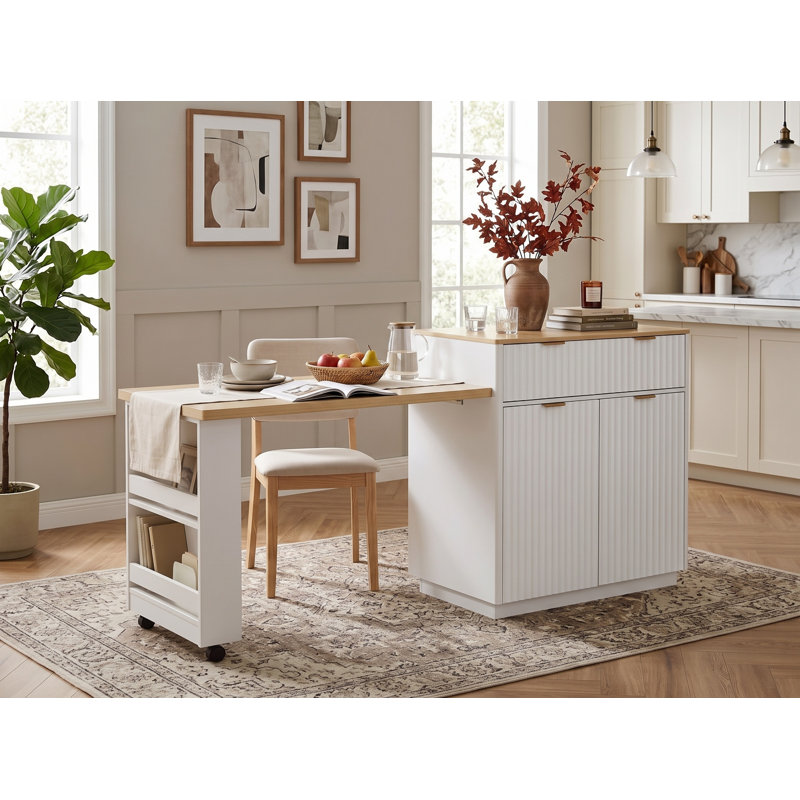 82.6" Fluted Kitchen Island With Extendable Dining Table & Storage For 2-6,Double Side Storage,Charging Station, Spice Racks For Dining Room