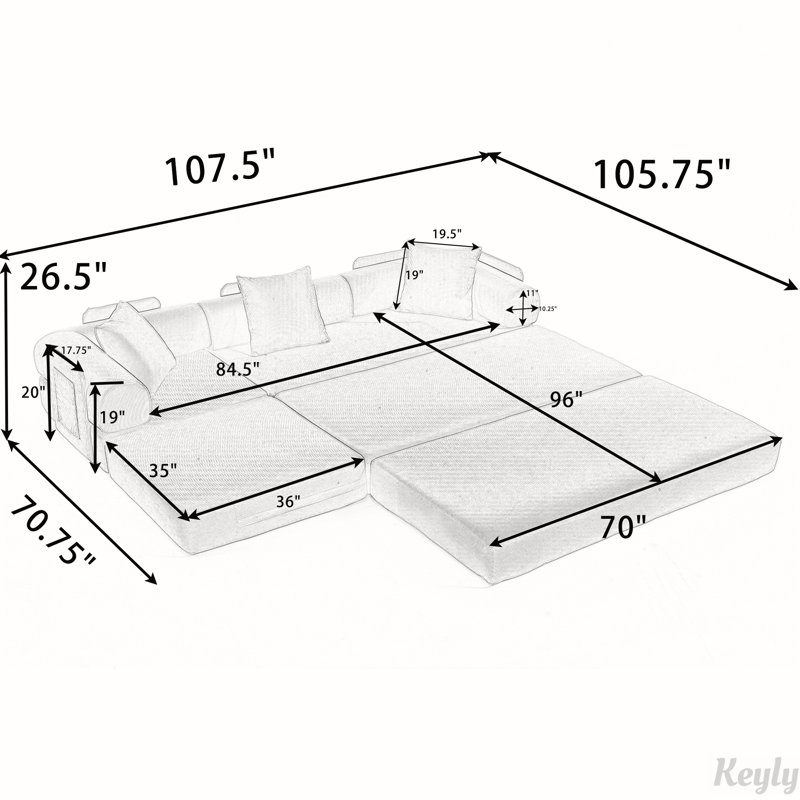 107'' Folding Cloud sofas Modular Sectional Sofa, DIY ,No Assembly, Black