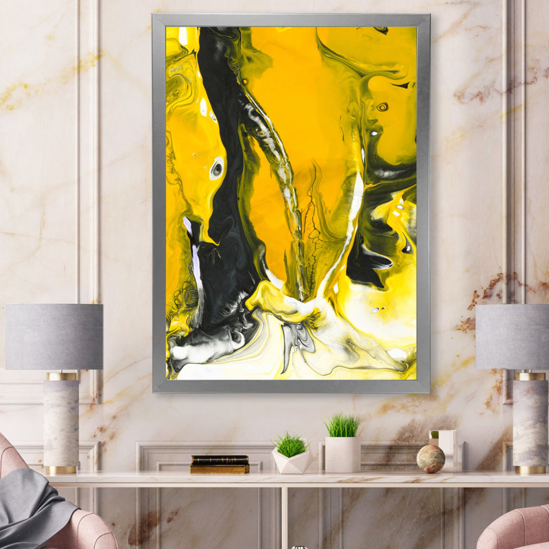 Jaune jaune, noir et blanc liquide Art VII - peinture sur toile, H 20 po x l 12 po x P 1 po, Cadre de coin argenté fermé
