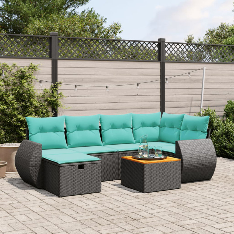  Ensemble de canapé de patio 7 pièces avec coussins en rotin de polyester noir, Bleu clair, Noir