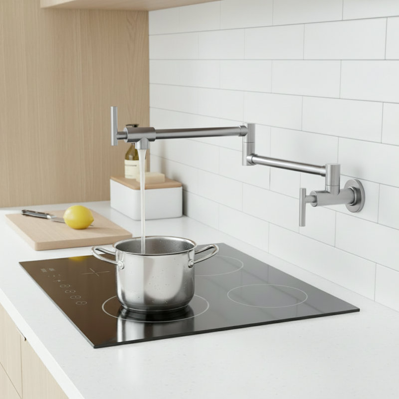 Commercial Wall Mount Pot Filler Kitchen Faucet, Folding Stretchable Double Joint Swing Arm With Dual Handles, Brushed Nickel