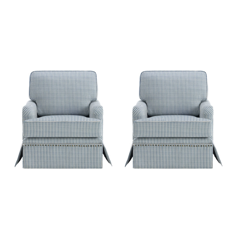 Upholstered Blue Striped Skirted Swivel Accent Arm Chair with Nailhead Trim (Set of 2), 2, No, Pinstripe Blue Cotton Blend