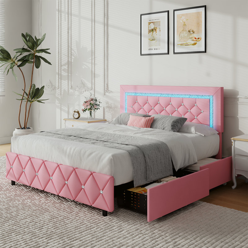Cadre de lit plateforme tapissier avec lumières DEL et tiroirs de rangement Alber, Double, Rose