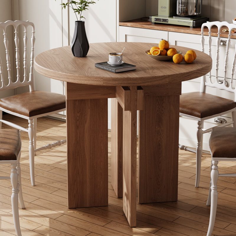 Modern Wood Round Dining Table Kitchen Table With Cross Pedestal, Walnut, 29.9" H x 35.4" W x 35.4" D