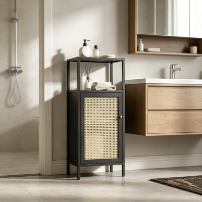 Armoire de rangement pour salle de bain en rotin, petite armoire de plancher en bambou avec porte simple et tablette ouverte, armoire étroite autoportante pour le salon, la cuisine, le vestibule