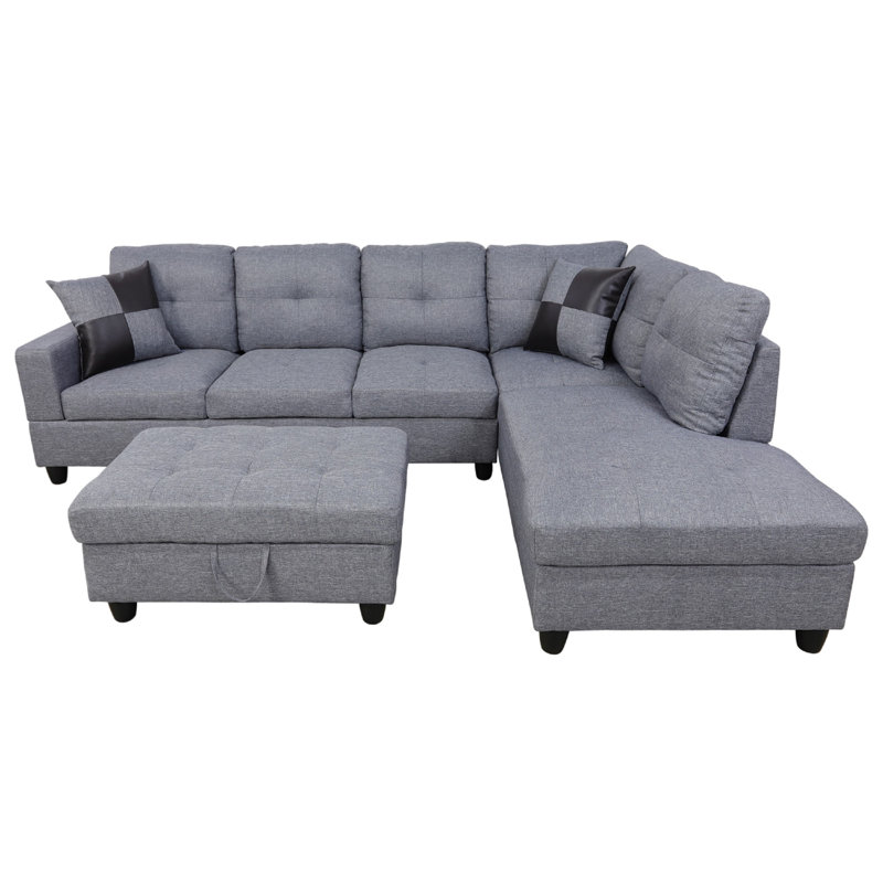 Palmer Square Upholstered Sectional, Right Hand Facing, Gray 100% Linen