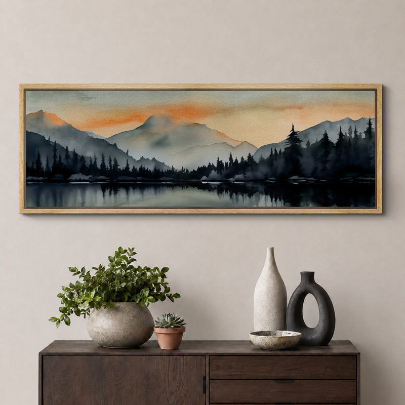 Woodland Forest Landscape Sunset Mountain Range and Lake, reproduction d'art sur toile, H 20 po x l 60 po, Natural