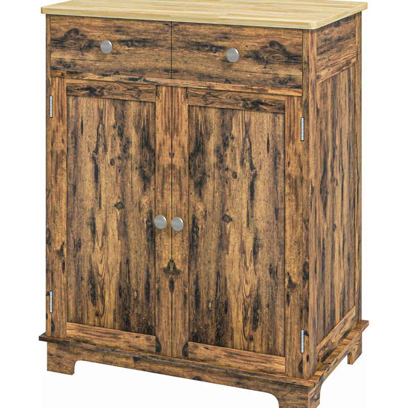 Rustic Brown Storage Cabinet - Sideboard With Solid Wood Countertop. 2 Drawers, Doors, Adjustable Shelf. For Kitchen, Dining, Living Room. 26.75"W X 15.75"D 33.5"H Space