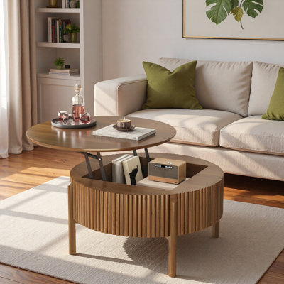 30.3''Round Fluted Coffee Table with Lift Top Design and Hidden Storage
