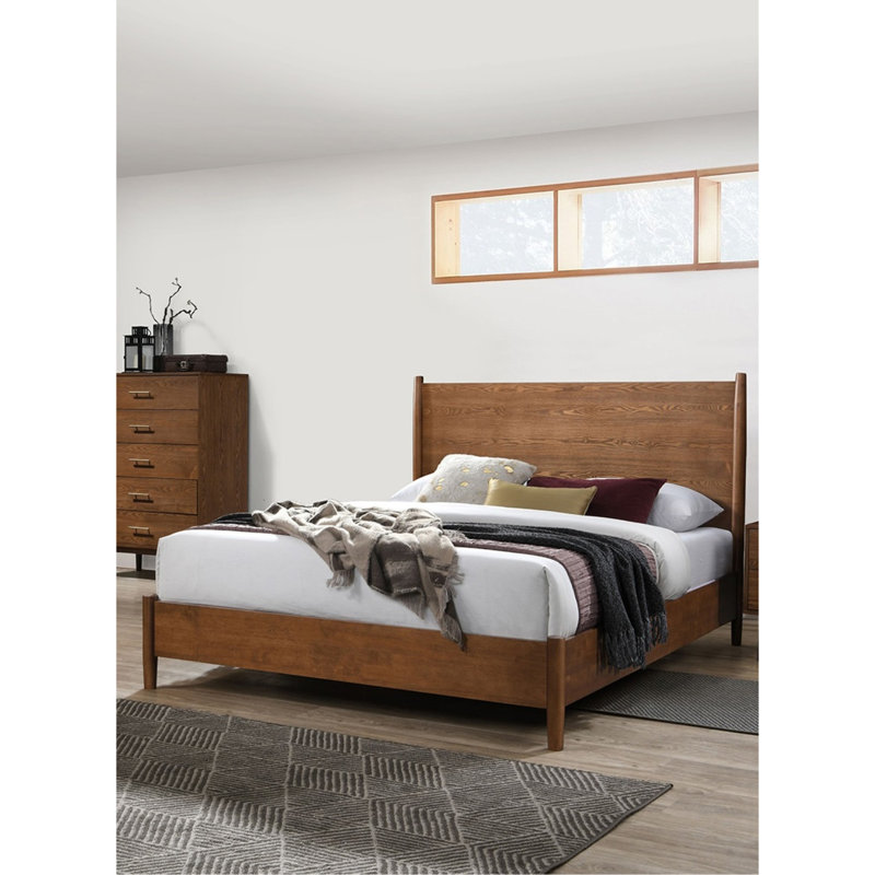 Panel Headboard Eastern King Size Bed Solid Wood 1Pc Bedframe Mattress Ready Mid-Century Modern Style, King