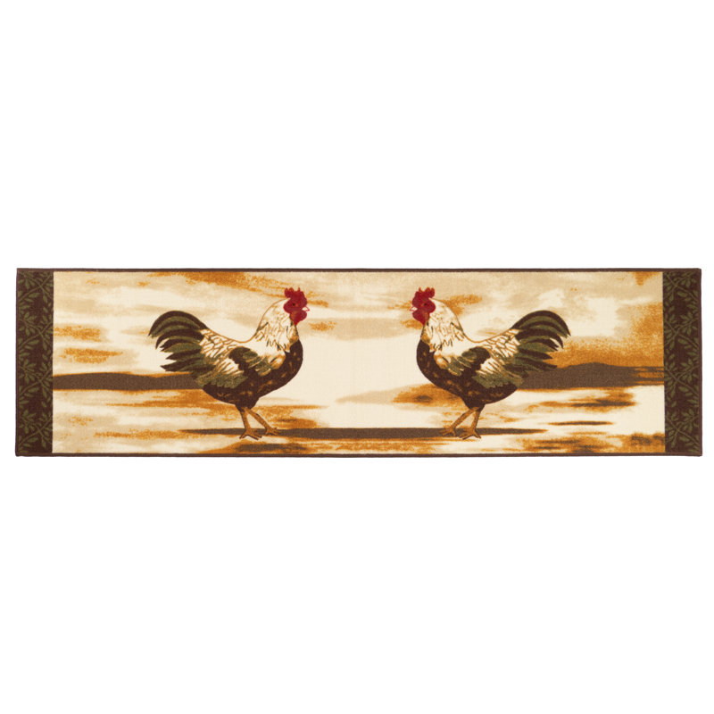 Machine Washable Printed Rooster Beige Brown Runner Rug and Mat, Runner 1'8" x 4'11"