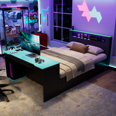 Full Size Wood Daybed With Twin Size Trundle,Desk,LED Light And USB