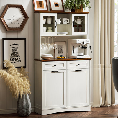 72" Kitchen Pantry Storage Cabinet, 13 Gallon Tilt Out Trash Cabinet With Microwave Stand, Freestanding Coffee Hutch Bar Cabinet With Adjustable Shelv by AHB