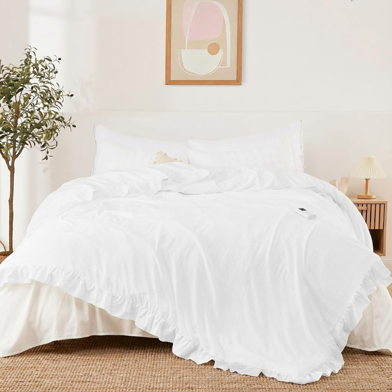 Couverture d'édredon chauffante, courtepointe électrique à volants, contrôleur LCD sans fil, chauffage rapide et protection contre la surchauffe, lavable en machine, très grand lit, 104 po x 90 po, blanc