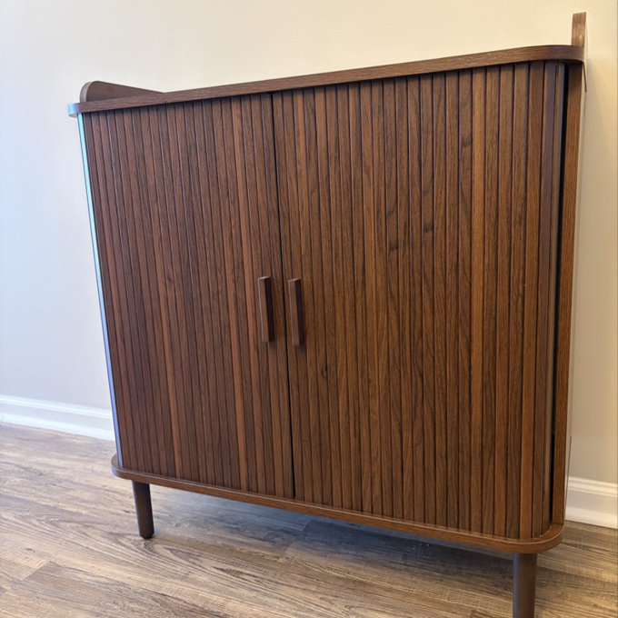 31.5'' Coffee Bar Cabinet With Wooden Sliding Door, Mid-Century Bar Stand With Wine Glass Holder, Wine Rack, Pull-Out Tray And Drawer - Walnut