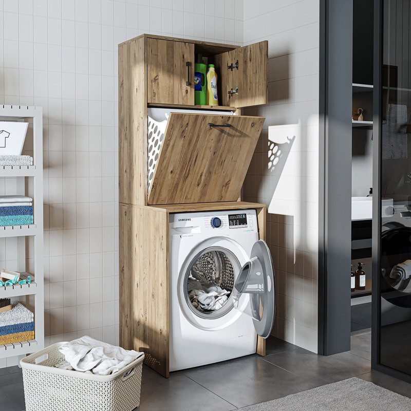 Roomart Luna Washing Machine Cabinet with Built In Laundry Basket and Storage Cupboards,, Oak