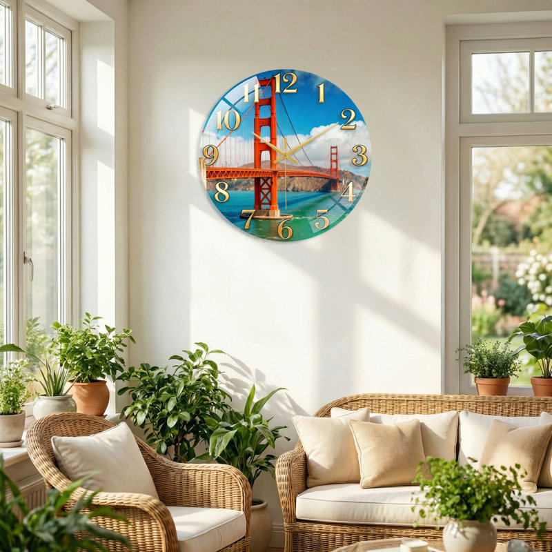 Horloge murale en verre Golden Gate, 40 x 40 cm (15,7 x 15,7 pouces)