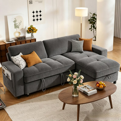 Canapé-lit modulaire en L de 81 po avec méridienne avec rangement et canapé-lit convertible 3 en 1, dossier inclinable à 5 niveaux, ports de charge USB et Type-C