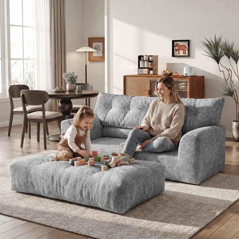 Causeuse de sol en chenille étincelante 55,11 po gris moderne avec coussin en mousse viscoélastique, dossier amovible et poches latérales