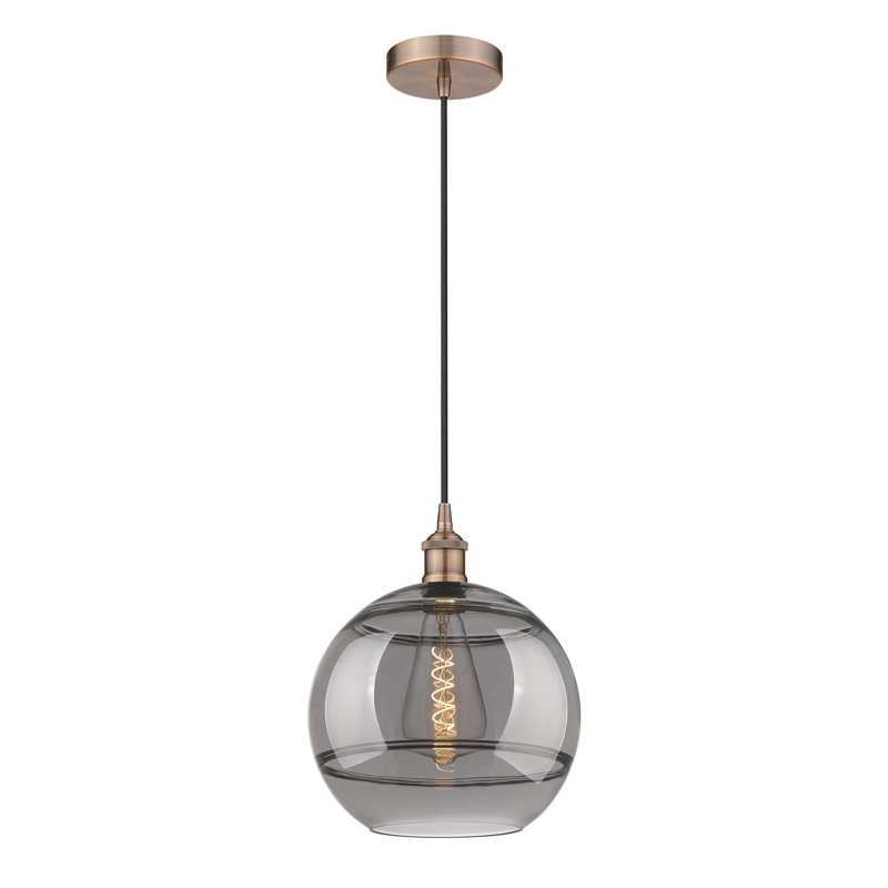 Luminaire suspendu 1 lumière Edison Bienes-616-G556, H 13,38 po x l 12 po x P 12 po, Gris fumée clair, Cuivre antique