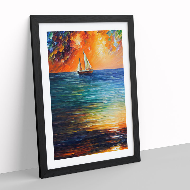 Boat At Sunset No.1 - Painting, 48cm H x 36cm W, Black Framed, White