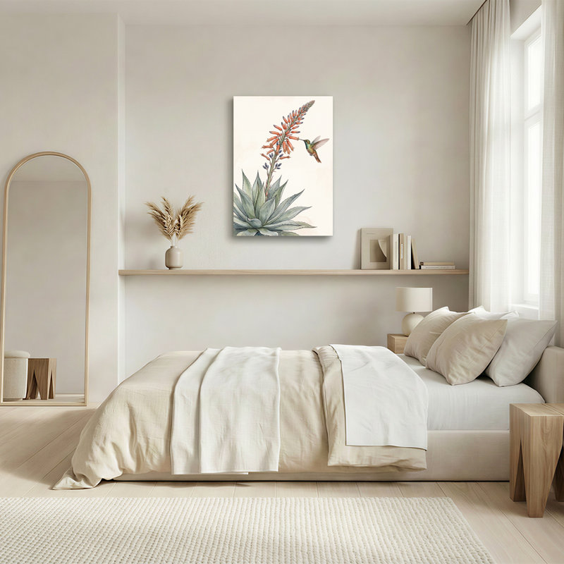 Tableau sur toile aquarelle représentant une plante d'agave et un colibri, 24"H x 18"W