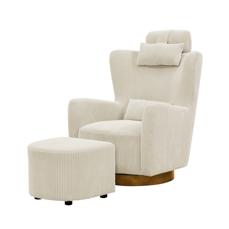 Sudbury Upholstered Swivel Armchair with Ottoman, Beige Corduroy