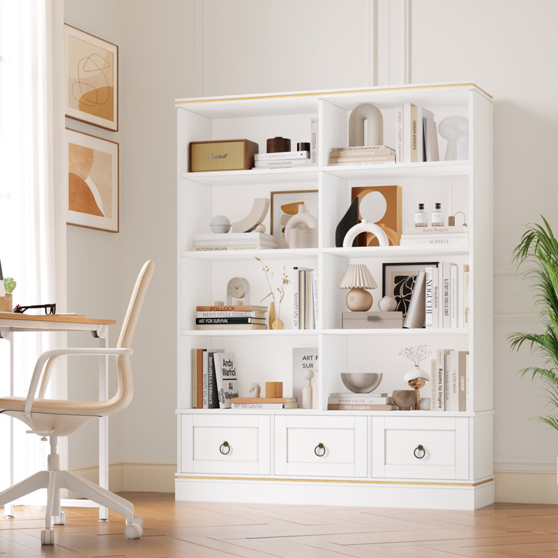 Akxel 47.2" W 3-Drawer Wood Grain Bookshelf, White