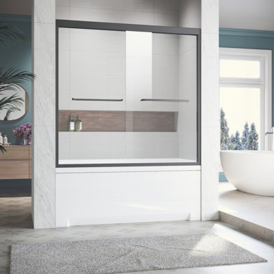 Porte de baignoire coulissante en verre de 56 à 60 po X P 62 po H, porte de baignoire double semi-encadrée, verre trempé transparent épais certifié, 304 poignées en acier inoxydable.