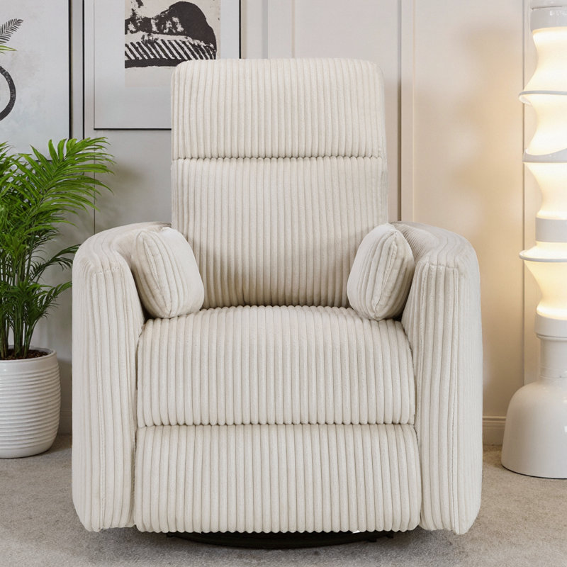Luxe Beige Corduroy Swivel Glider Recliner Chair - Solid Wood Frame with Pillows, Contemporary Motion Furniture, Beige