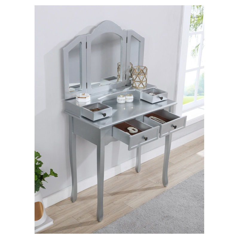 Ensemble de coiffeuse et tabouret en bois argenté Sanlo avec miroir biseauté à 3 panneaux et 4 tiroirs