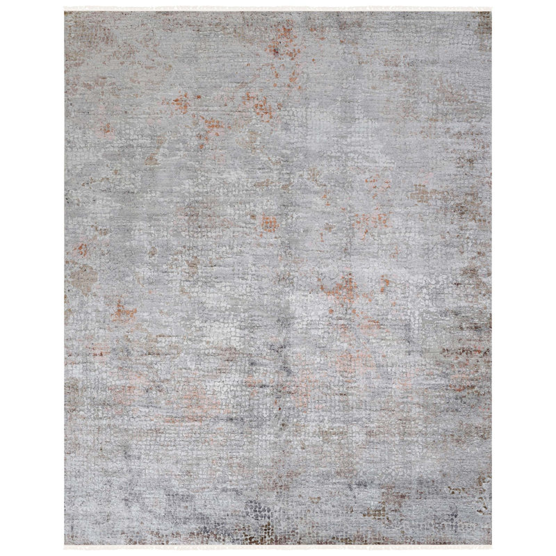 Tapis rectangulaire en laine / viscose noué à la main gris / brun / rouille, Rectangle 8 pi x 10 pi
