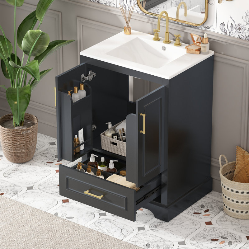 Meuble-lavabo simple 24 po avec plateau en céramique, Noir
