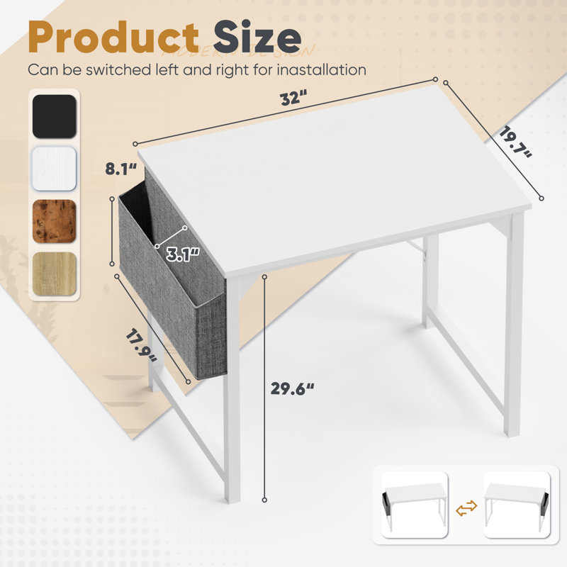 Bureau d'écriture en métal, Blanc, H 29,8 po x l 32 po x P 19,7 po