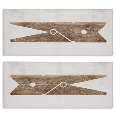 Minimal Laundry Clothespins Brown White Design 2pc Stretched Canvas Wall Art Set by Daphne Polselli