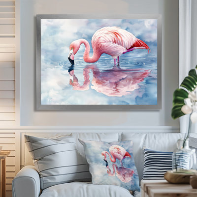 Flamingo Reflections By The Lake I - flamant rose, art mural sur toile
