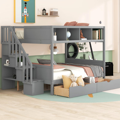 Gray Twin Over Full Bunk Bed With Shelves, Staircase & 2 Drawers - Maximize Bedroom Space And Practicality For In Shelf Storage, Staircase. Provide A Comfortable