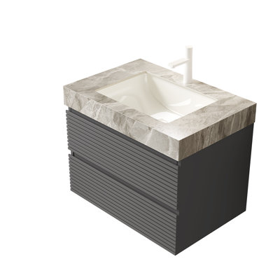 Meuble-lavabo de salle de bain 30 po avec lavabo encastré VENO, armoire de rangement flottante rayée en contreplaqué avec 2 tiroirs, plateau en pierre frittée gris clair Itlay, sans robinet ni drain, couleur grise