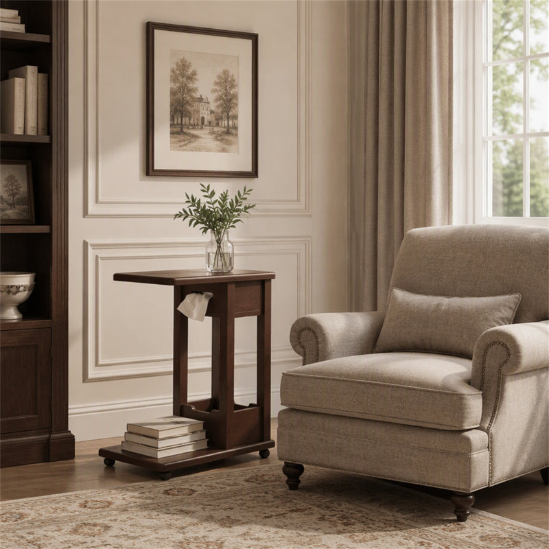 C-Shaped Side Table, 2-Tier Rolling Sofa End Table with Swivel & Lockable Casters