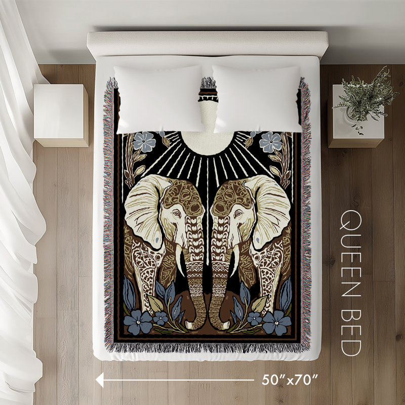 Jeté en mélange de coton Lim Elephant, L 70 po x l 50 po, Noir / vert / jaune