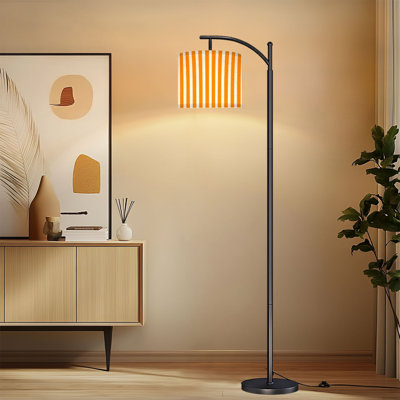 Lampe sur pied à arc avec abat-jour ajustable à rayures orange et blanches avec 3 températures d'intensité et une lampe sur pied avec interrupteur au pied pour la chambre à coucher
