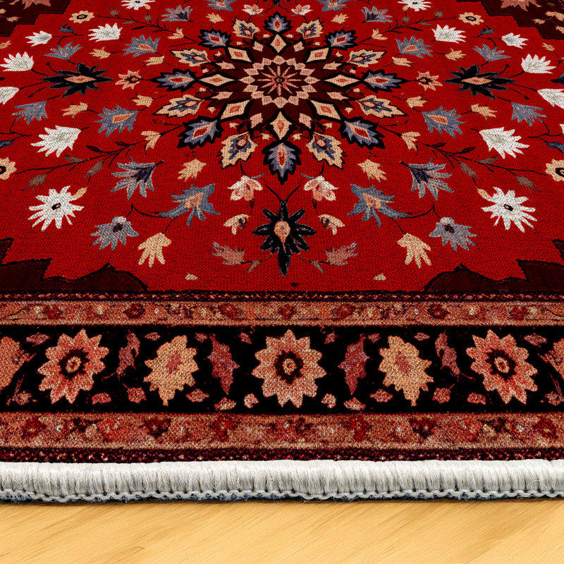 Floral Harmony Collection Digital Print Cotton-Polyester Blend Rug – Red & Floral Pattern, Runner 3'4" x 7'3"