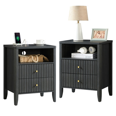 Overstreet Nightstand Set of 2 with Charging Station, 22" fluted set Bedside Table with 2 Drawers, Open Shelf, Rounded Top & Solid Wood Legs,Black