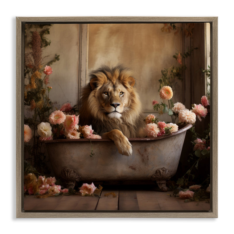 Lion dans une baignoire remplie de fleurs, Cadre flottant orme Montalcino, H 25 po x l 25 po