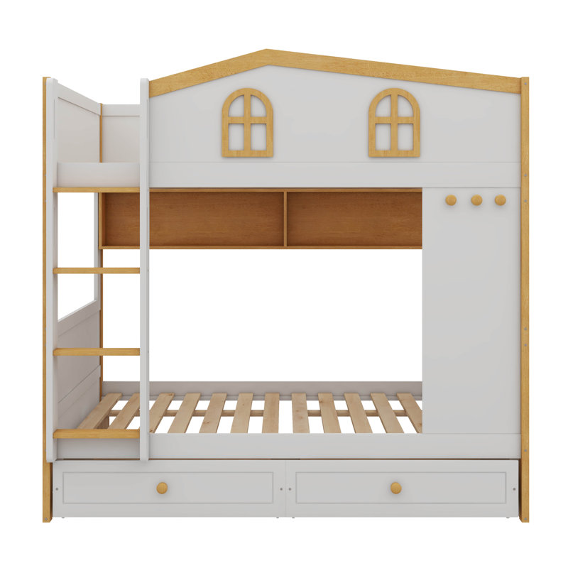 Lit superposé inspiré d'une maisonnette avec tiroirs de rangement, lit superposé en bois équipé de tablettes de rangement, lits superposés avec échelle pour maisonnette