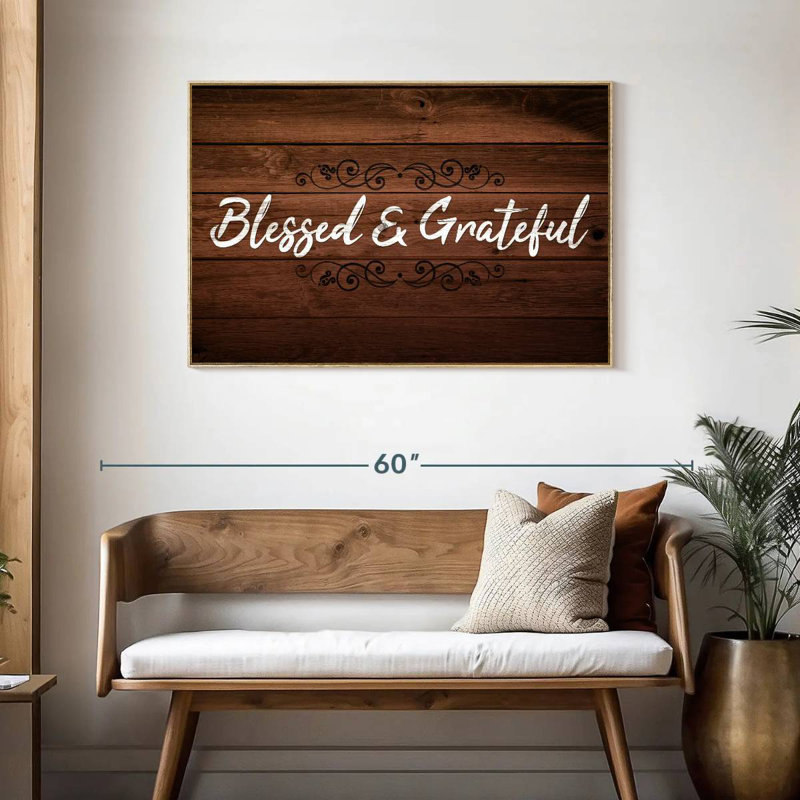 Bienheureux et reconnaissant, typographie I, Cadre flottant en bois naturel, 43 po x 29 po