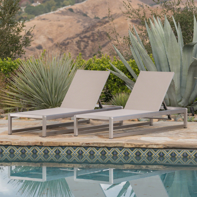 De 2 chaises longues réglables en gris, structure en aluminium, siège en filet, conception classique pour une séance de bronzage extérieure confortable et paisible avec cadre relaxant