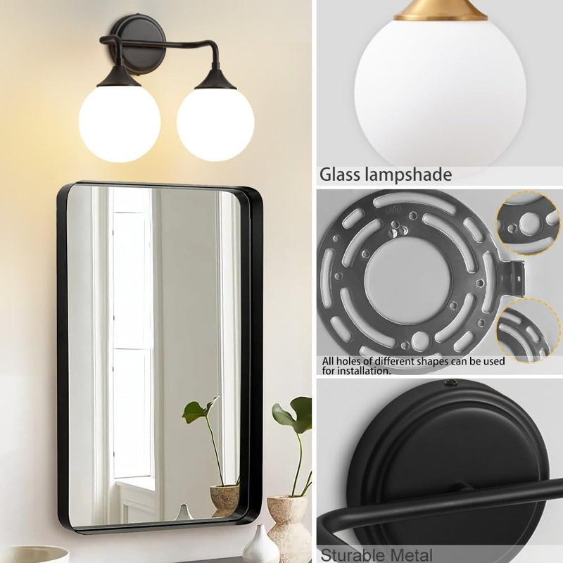 Modern Bathroom Light Fixture With Milky White Glass Shades, Mid Century Vanity Lighting Over Mirror, Wall Sconce 2-Light For Warm Ambiance